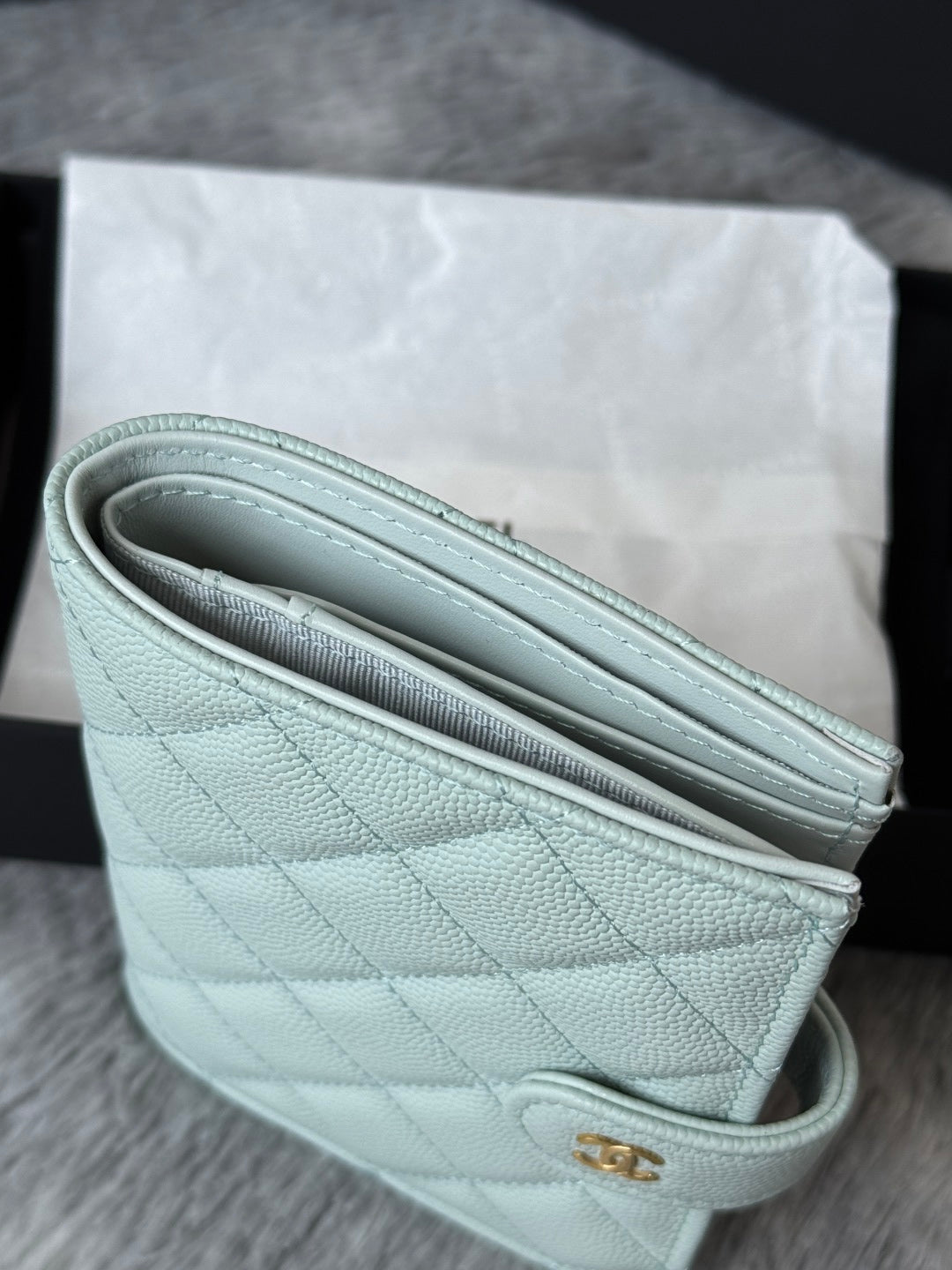 CHANEL 25S MULTI PURPOSE PASSPORT WALLET 15 IN SOFT MINT CALFSKIN GOLD HARDWARE