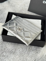 CHANEL 25S CARD HOLDER 11 IN SILVER LAMBSKIN GOLD HARDWARE