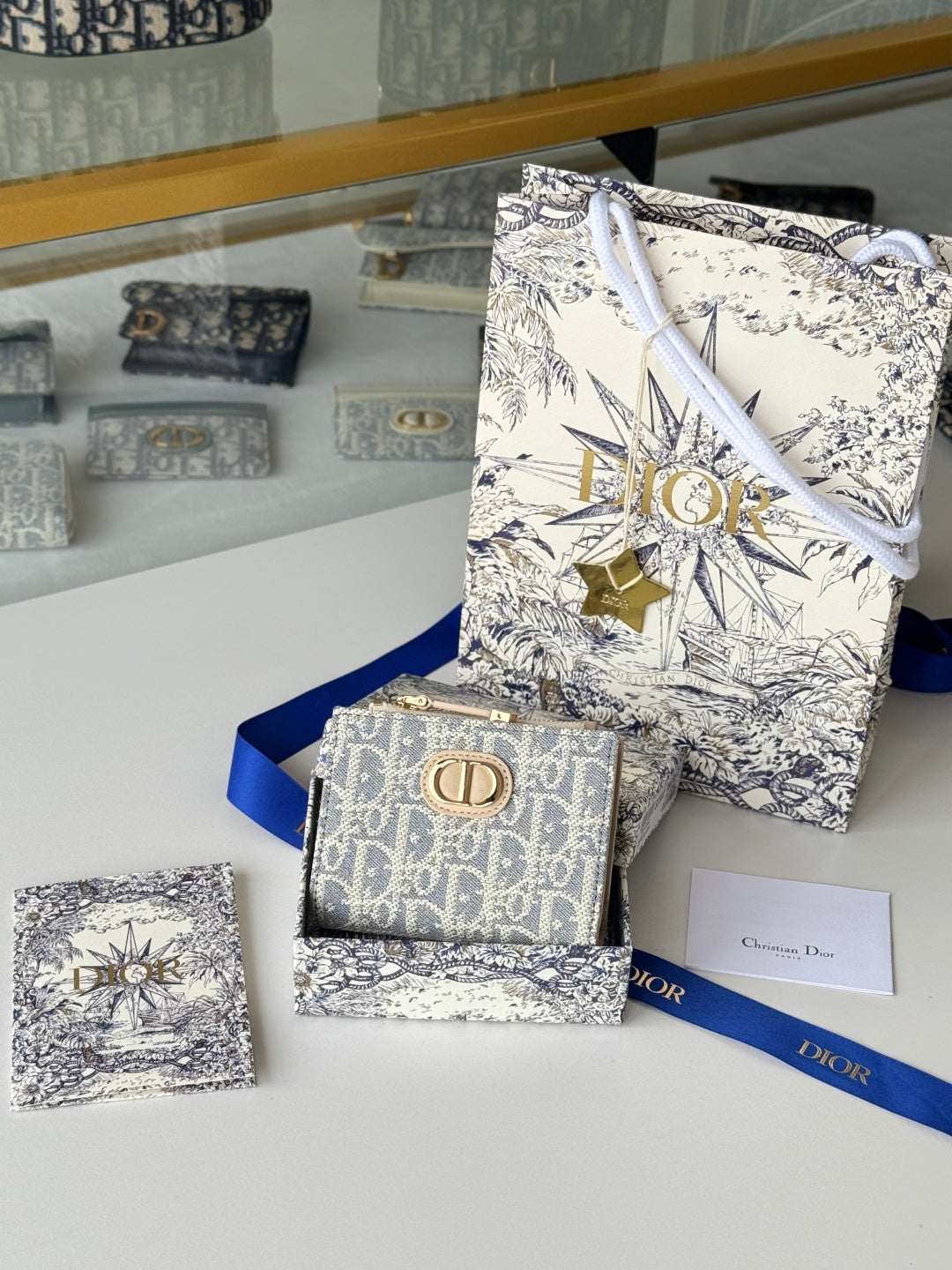 DIOR 25S 30 MONTAIGNE DAHLIA WALLET 11 IN LIGHT BLUE DIOR OBLIQUE JACQUARD