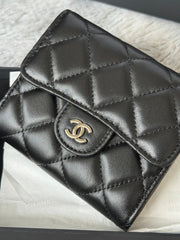 CHANEL 25S CF SMALL TRI FOLD WALLET 11 IN BLACK LAMBSKIN SILVER HARDWARE