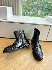 YSL 25S ANKLE FLAT BOOTS IN BLACK EMBOSSED LAMBSKIN WITH SIDE ZIPPER