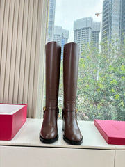 VALENTINO 25S HIGH-CUT SIGNATURE LOGO BOOTS 60 MM IN BROWN CALFSKIN WITH GOLD HARDWARE