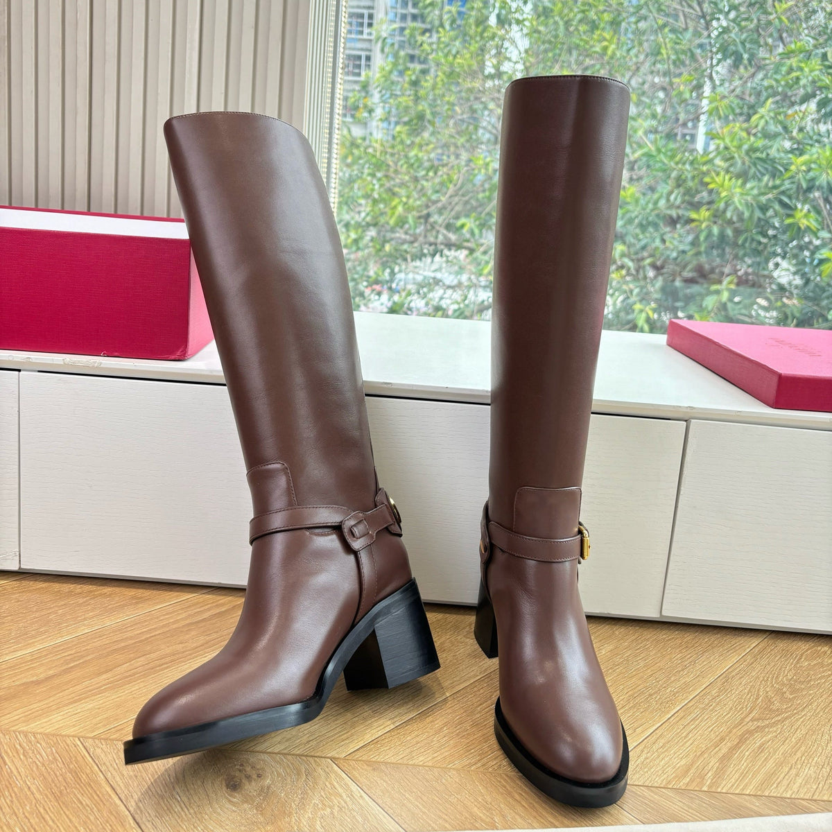 VALENTINO 25S HIGH-CUT SIGNATURE LOGO BOOTS 60 MM IN BROWN CALFSKIN WITH GOLD HARDWARE