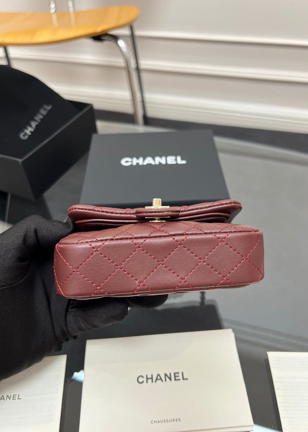 CHANEL 25S FLAP CHARM BAG 13 IN DARK RED LAMBSKIN