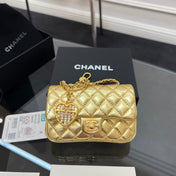 CHANEL 25S FLAP CHARM BAG 13 IN GOLD METALLIC LAMBSKIN