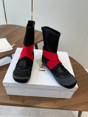 DIOR 25S STRETCH BALLET BOOTS IN BLACK AND RED SATIN