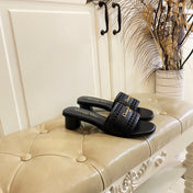 DWAY HEELED SLIDE IN BLACK CALFSKIN WITH GOLD LOGO