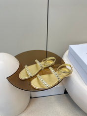 FLAT SANDALS 25S IN SHINY GOLD CALFSKIN RHINESTONES STRAP