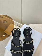 FLAT SANDALS 25S IN BLACK CALFSKIN RHINESTONES STRAP