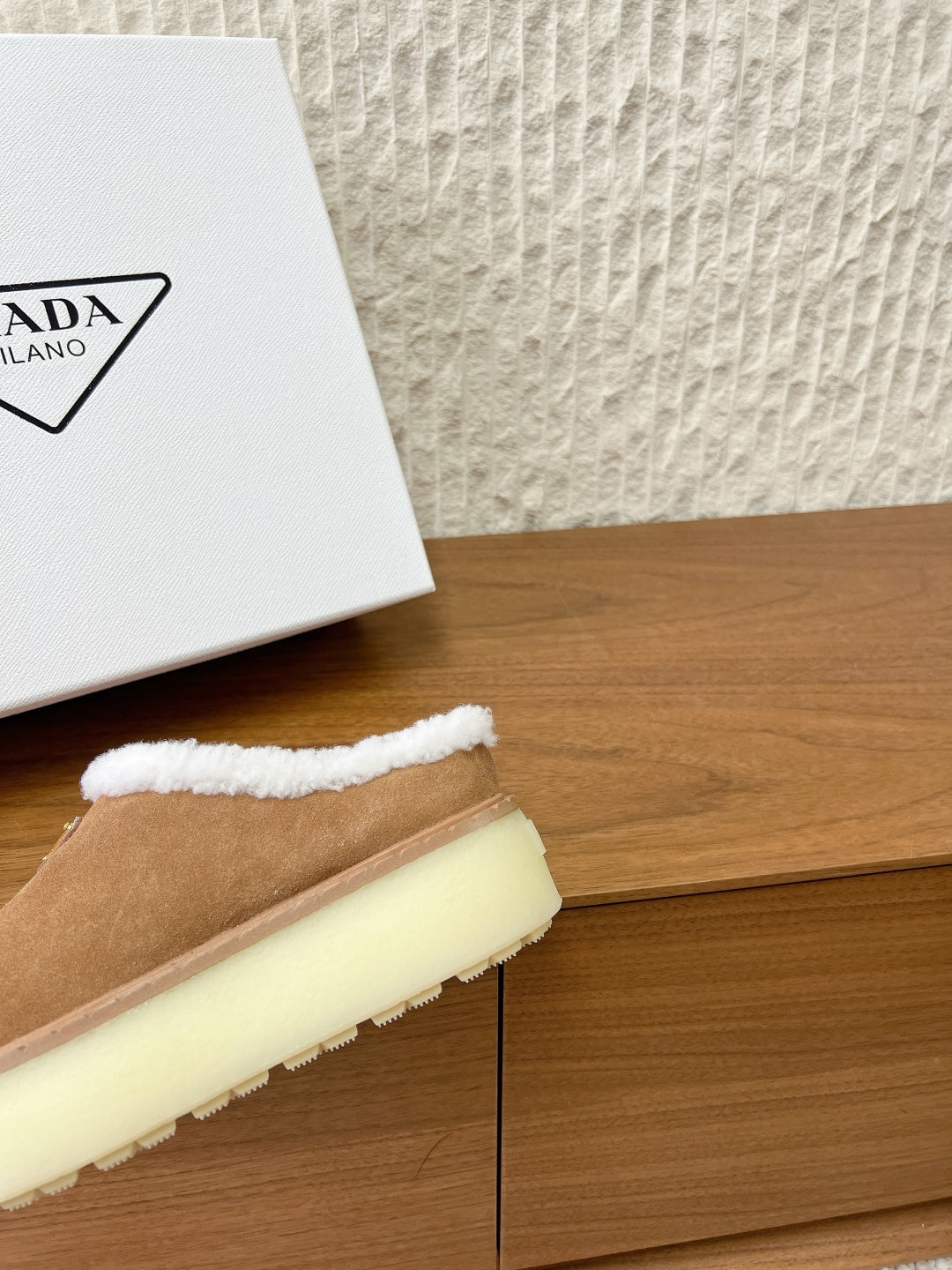 PRADA 25S PLATFORM FUR-LINED MULES IN BROWN SUEDE