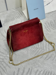 PRADA 25S ENCHAINE MINI BAG 22 IN RUBY RED SUEDE GOLD HARDWRE