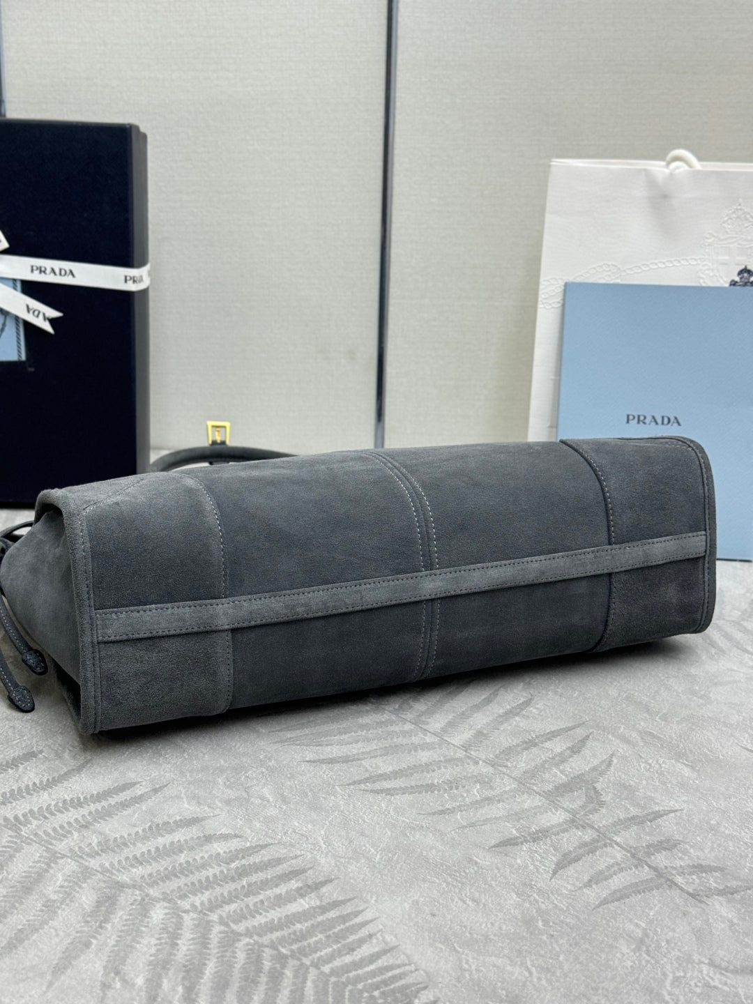 PRADA 25S BONNIE LARGE HANDBAG 38 IN DARK GRAY SUEDE GOLD HARDWRE