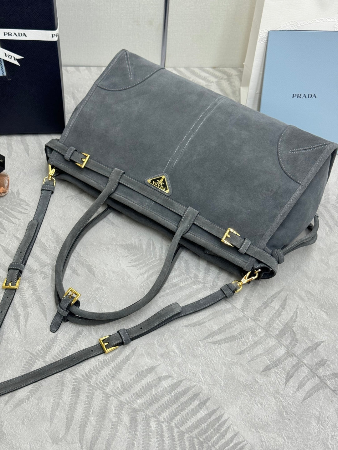 PRADA 25S BONNIE LARGE HANDBAG 38 IN DARK GRAY SUEDE GOLD HARDWRE