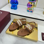 GG FLAT THONG SANDALS WITH ANKLE STRAP IN BROWN LAMBSKIN AND WHITE FABRIC