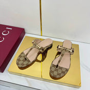 THONG SANDALS IN DARK BEIGE FABRIC PRINTED LOGO WITH GOLD HARDWARE