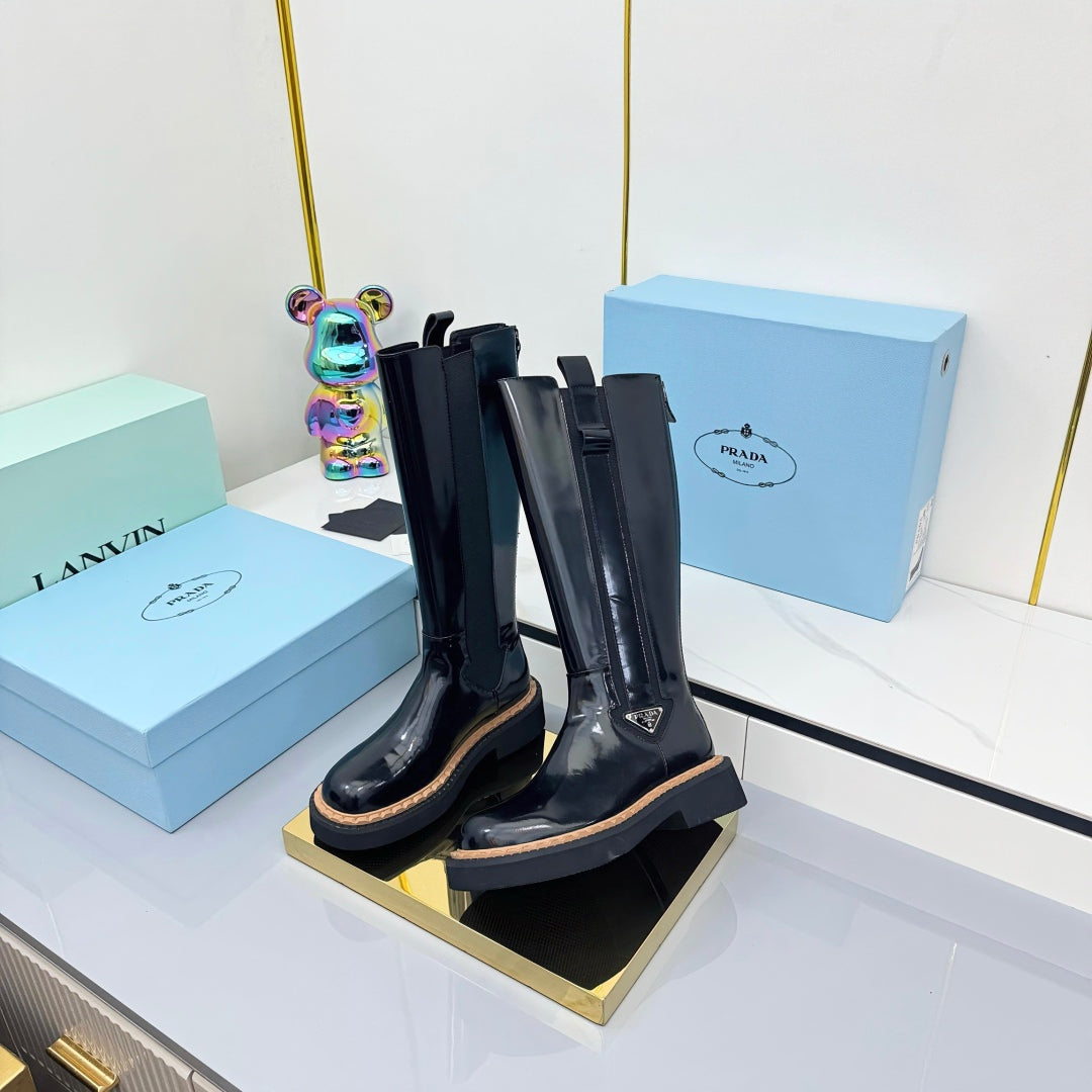 PRADA 25S TALL CHELSEA BOOTS 50MM IN BLACK GLOSSY CALFSKIN