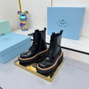 PRADA 25S LONG THICK SOLED MARTIN BOOTS 50MM IN BLACK GLOSSY CALFSKIN