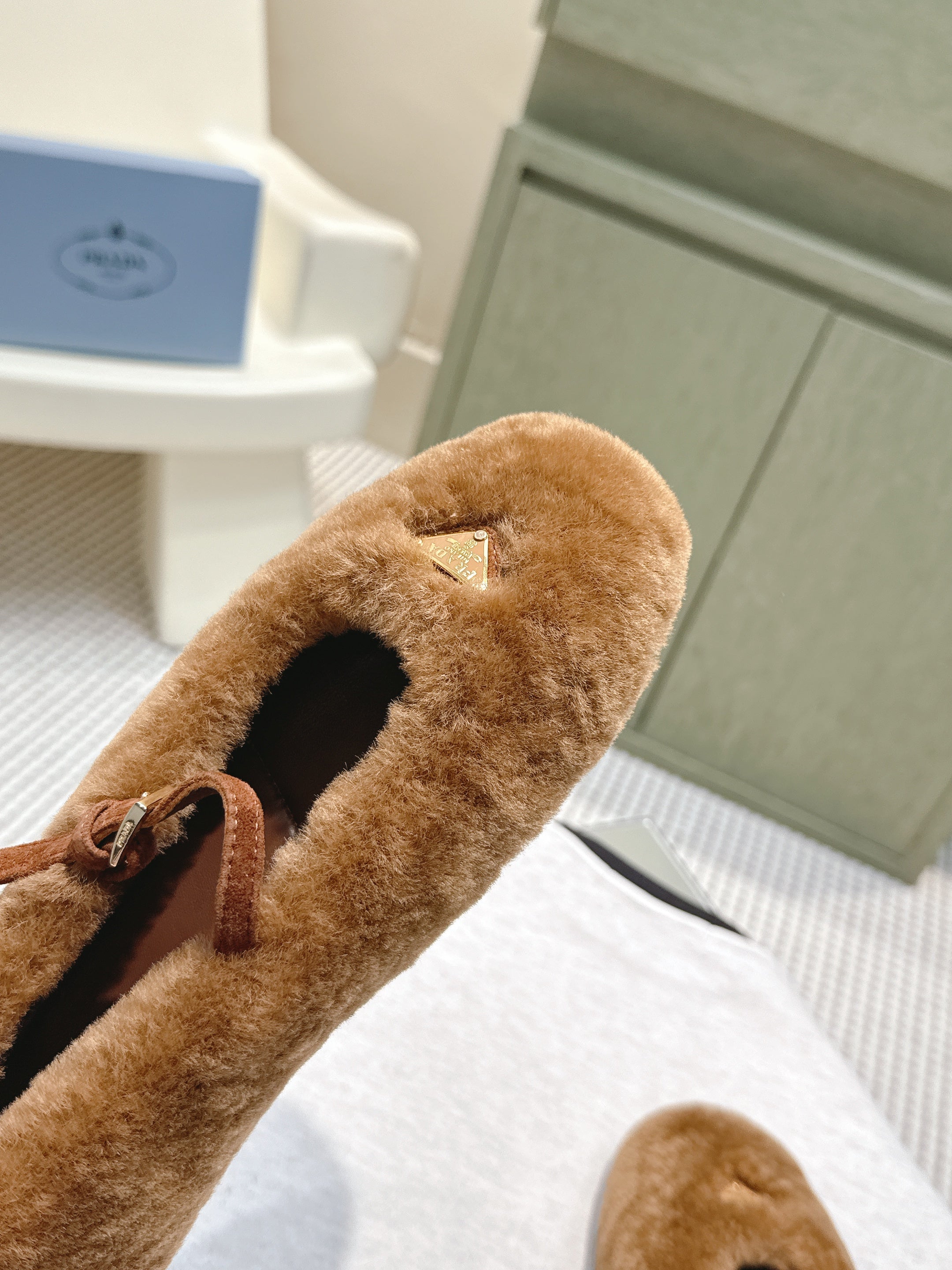 PRADA 25S MARY JANE BALLET FLATS IN BROWN FUR