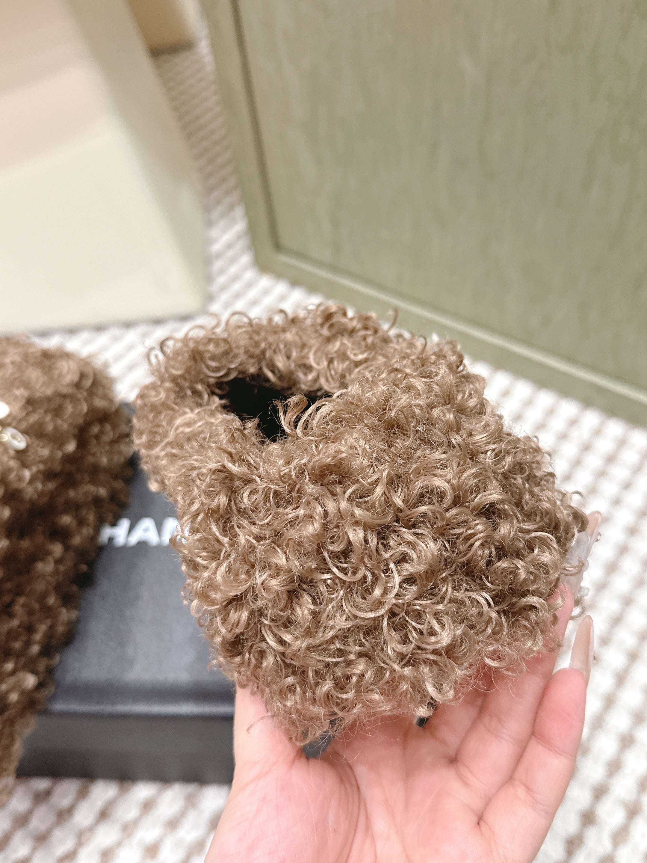 CHANEL 25S CLASSIC FURRY SLIDES IN BROWN WITH DOUBLE C LOGO