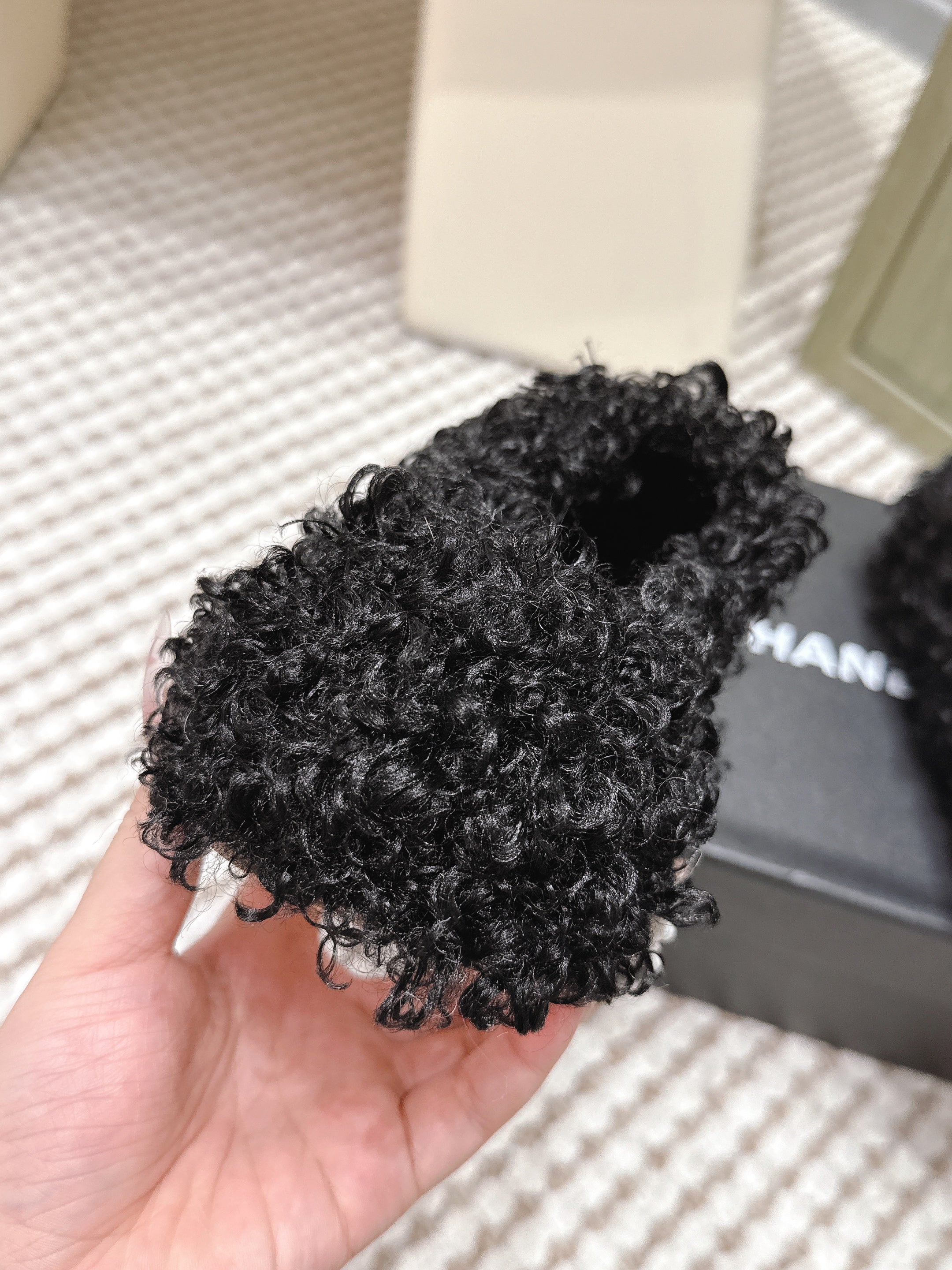 CHANEL 25S CLASSIC FURRY SLIDES IN BLACK WITH DOUBLE C LOGO