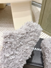 CHANEL 25S CLASSIC FURRY SLIDES IN GRAY WITH DOUBLE C LOGO