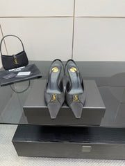 YSL 25S SLINGBACK HIGH HEELS 90 MM IN BLACK SATIN WITH GOLD HARDWARE STYLE 18