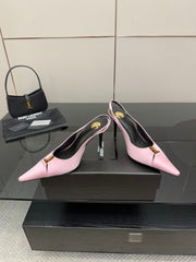 YSL 25S SLINGBACK HIGH HEELS 90 MM IN PINK SATIN WITH GOLD HARDWARE STYLE 17