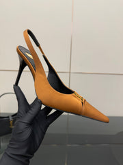 YSL 25S SLINGBACK HIGH HEELS 90 MM IN DARK ORANGE SATIN WITH GOLD HARDWARE STYLE 16