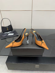 YSL 25S SLINGBACK HIGH HEELS 90 MM IN DARK ORANGE SATIN WITH GOLD HARDWARE STYLE 16