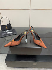 YSL 25S SLINGBACK HIGH HEELS 90 MM IN COGNAC BROWN SATIN WITH GOLD HARDWARE STYLE 15