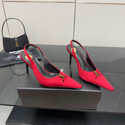 YSL 25S SLINGBACK HIGH HEELS 90 MM IN RED SATIN WITH GOLD HARDWARE STYLE 14