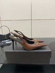 YSL 25S SLINGBACK HIGH HEELS 90 MM IN CHESTNUT BROWN LAMBSKIN WITH GOLD HARDWARE STYLE 12
