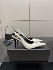 YSL 25S SLINGBACK HIGH HEELS 90 MM IN WHITE LAMBSKIN WITH GOLD HARDWARE STYLE 6