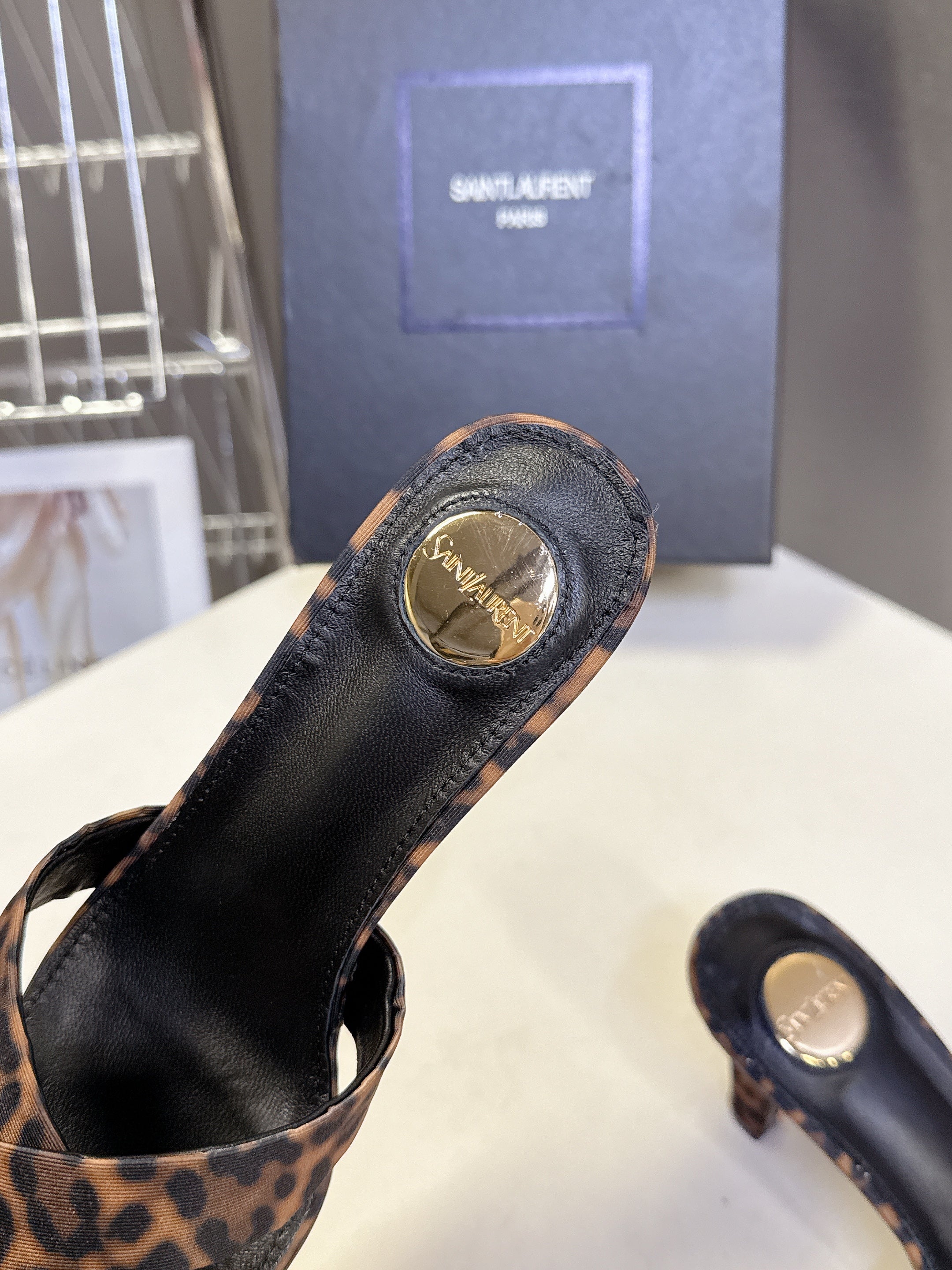 YSL 25S JILL MULES 75MM IN LEOPARD PRINT SMOOTH CALFSKIN