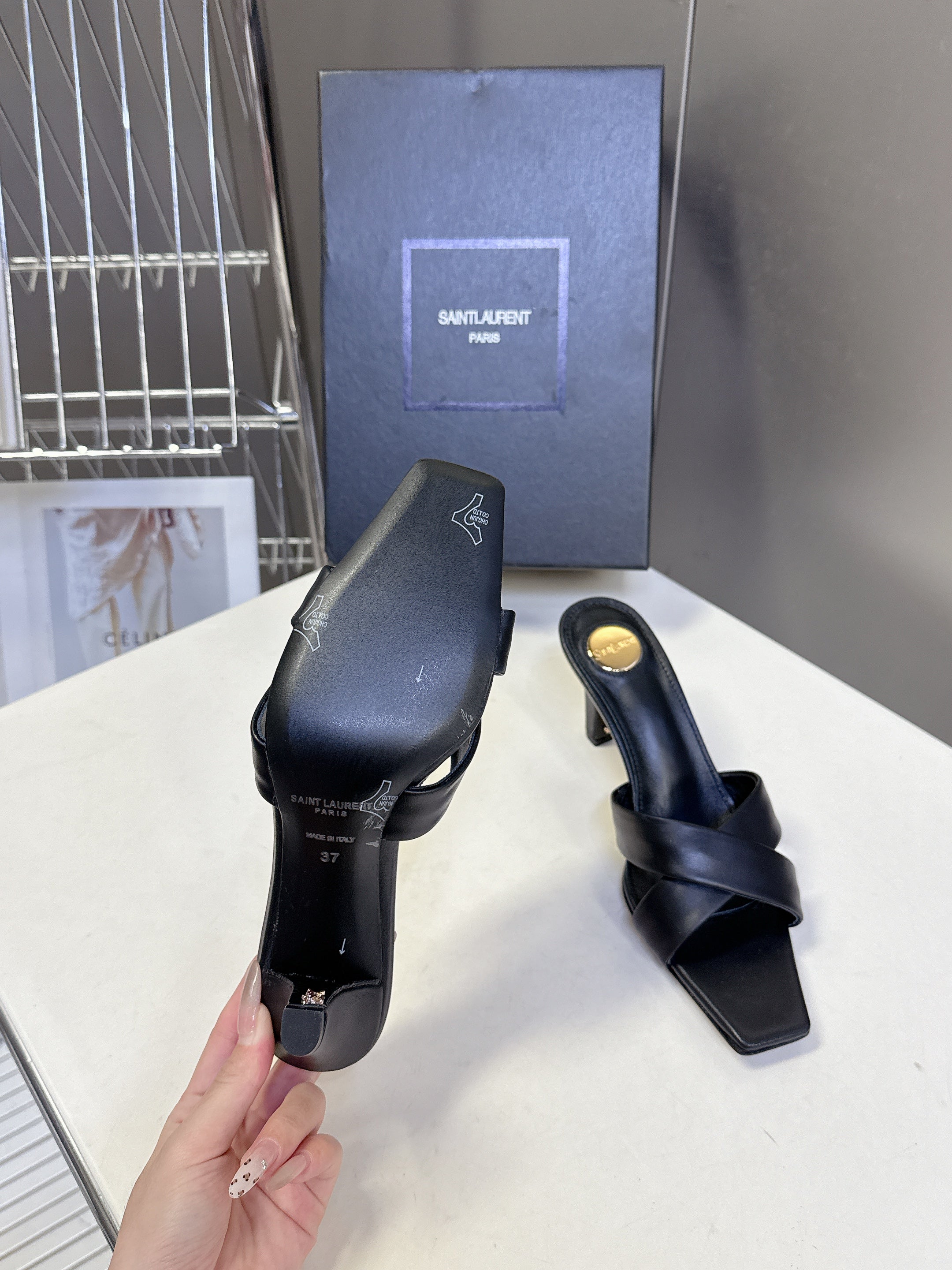 YSL 25S JILL MULES 75MM IN BLACK SMOOTH CALFSKIN