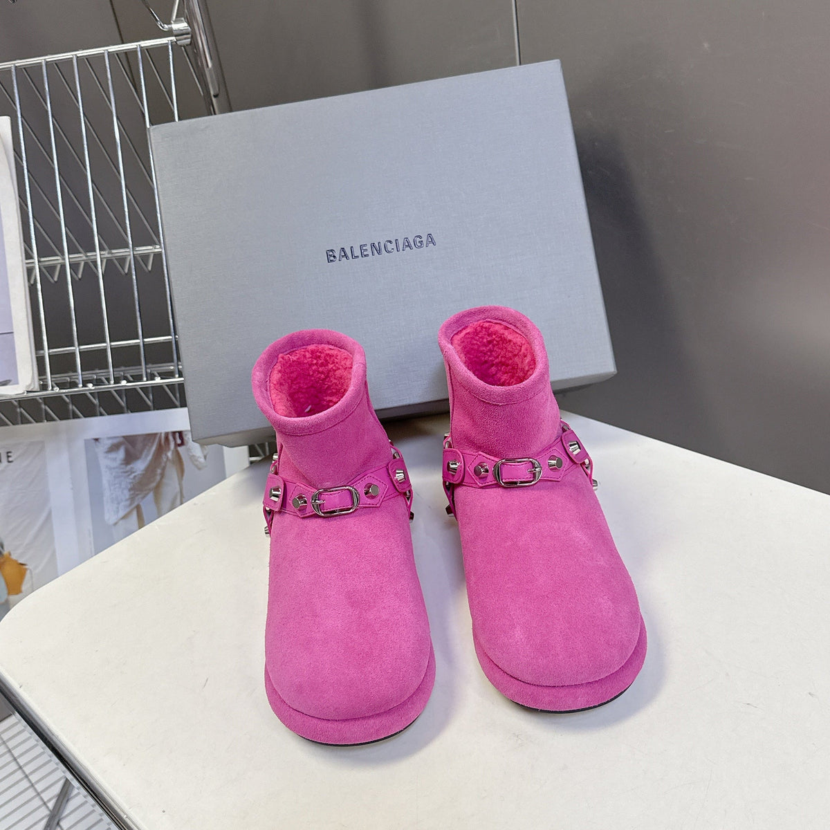 BALENCIAGA 25S ALASKA ANKLE BOOTS IN PINK SUEDE AND LAMBSKIN