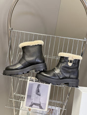 DIORALPS ANKLE BOOTS 25S IN BLACK LAMBSKIN AND BEIGE WOOL WITH SILVER HARDWARE
