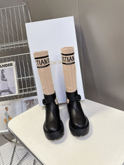 DIOR 25S D-MAJOR ANKLE BOOTS IN BLACK CALFSKIN AND LIGHT BEIGE FABRIC