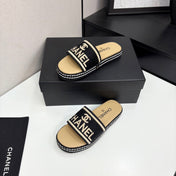 CC SLIDE SANDALS 25S IN BEIGE CALFSKIN MIX BLACK FABRIC