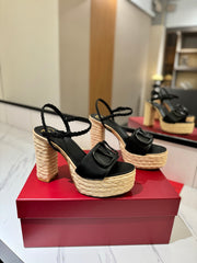 VLTN ESPADRILLE WEDGE SANDALS 25S 115 MM IN BLACK LAMBSKIN