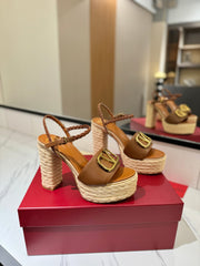 VLTN ESPADRILLE WEDGE SANDALS 25S 115 MM IN BROWN LAMBSKIN WITH GOLD HARDWARE