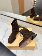 VALENTINO 25S PATTIE ANKLE BOOTS IN DARK BROWN SUEDE WITH GOLD HARDWARE