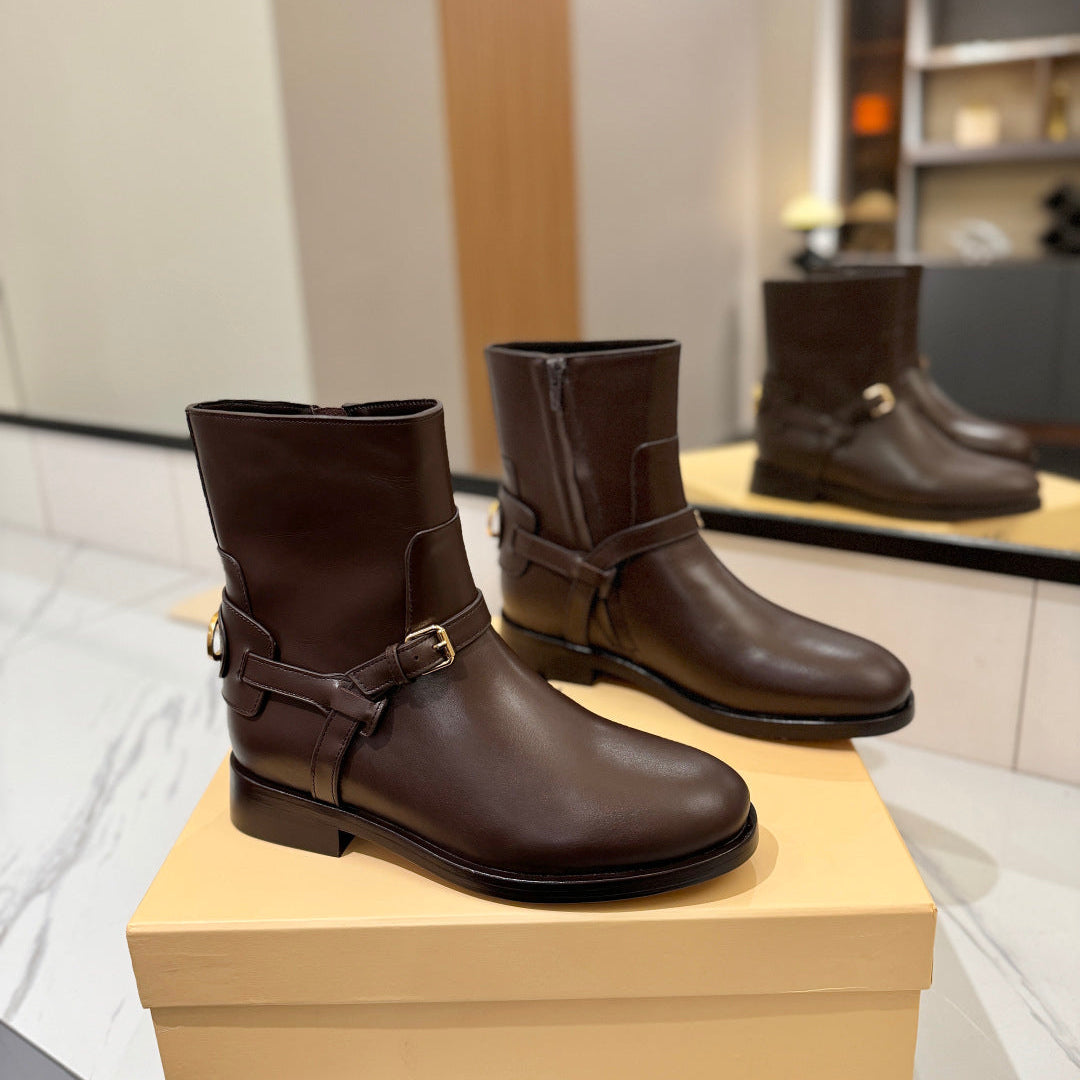 VALENTINO 25S PATTIE ANKLE BOOTS IN DARK BROWN CALFSKIN WITH GOLD HARDWARE