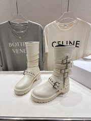 DIOR 25S BIKER BOOTS IN CREAM WHITE CALFSKIN WITH SILVER HARDWARE