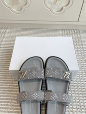 LV TWO-STRAP SANDALS 25S IN GREY DENIM AND CALFSKIN  WITH SILVER HARDWARE