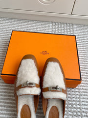 HM 25S CATENA MULE IN BEIGE SHEARLING AND BROWN LAMBSKIN WITH SILVER HARDWARE