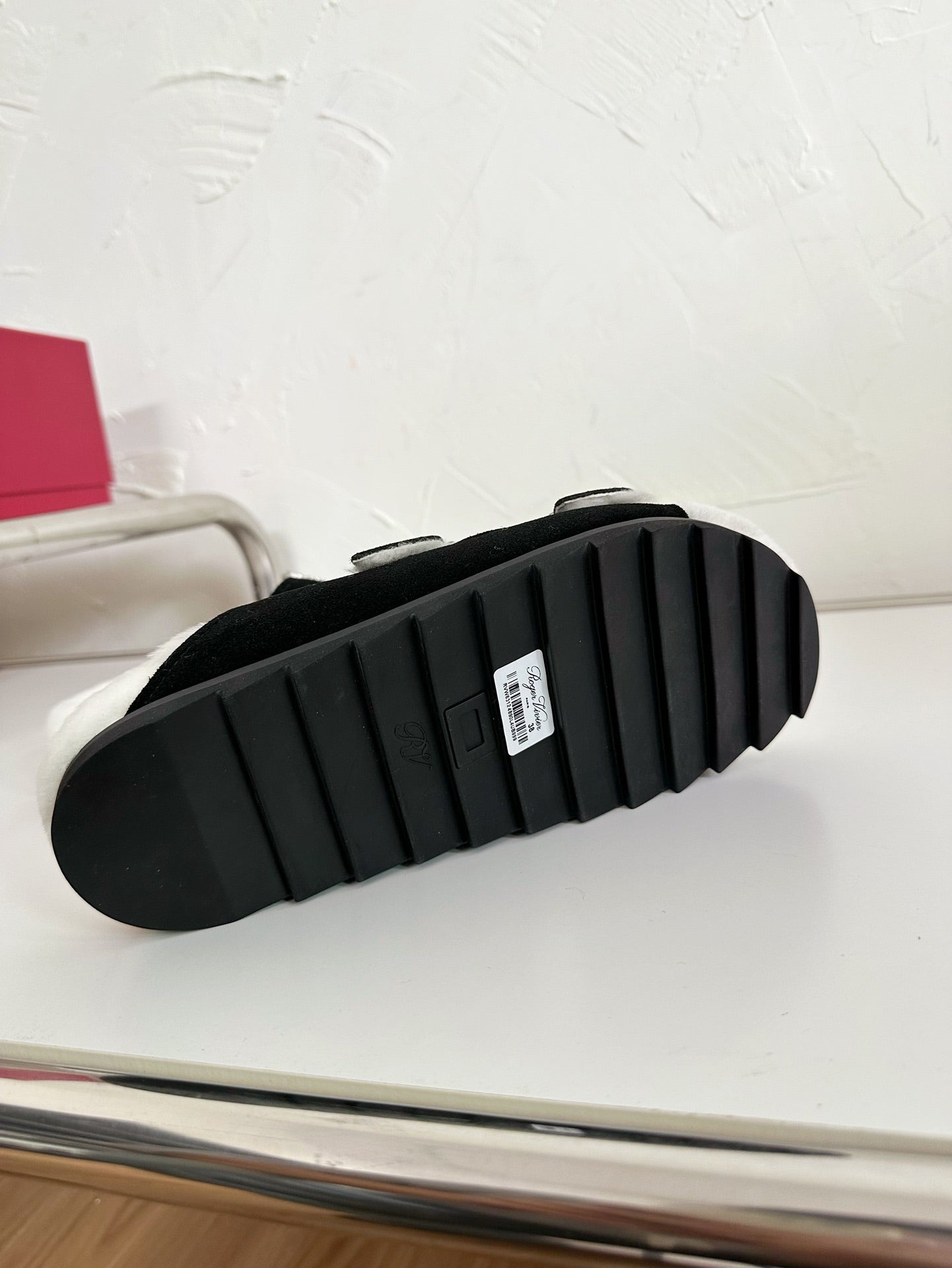 SLIDY VIV’ FUR STRASS BUCKLE MULES IN BLACK SUEDE AND CREAM SHEARLING INSOLE