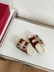SLIDY VIV’ FUR STRASS BUCKLE MULES IN BROWN SUEDE AND CREAM SHEARLING INSOLE