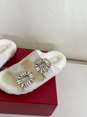 SLIDY VIV’ FUR STRASS BUCKLE MULES IN LIGHT GREY SUEDE AND CREAM SHEARLING INSOLE
