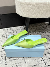 PRADA 25S POINTED-TOE MULES IN LIME GREEN SATIN